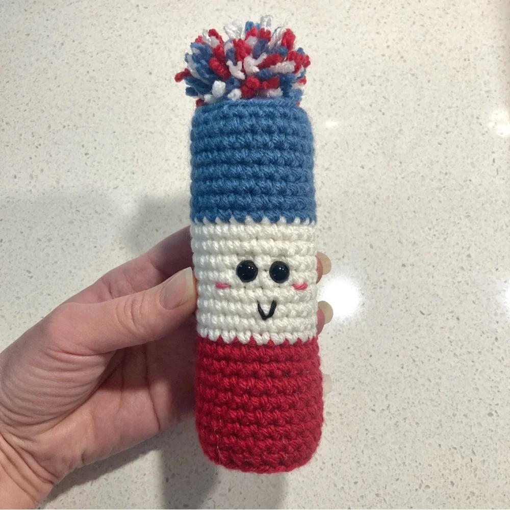 Crochet firecracker play rattle NWT handmade red white and blue 4th of July